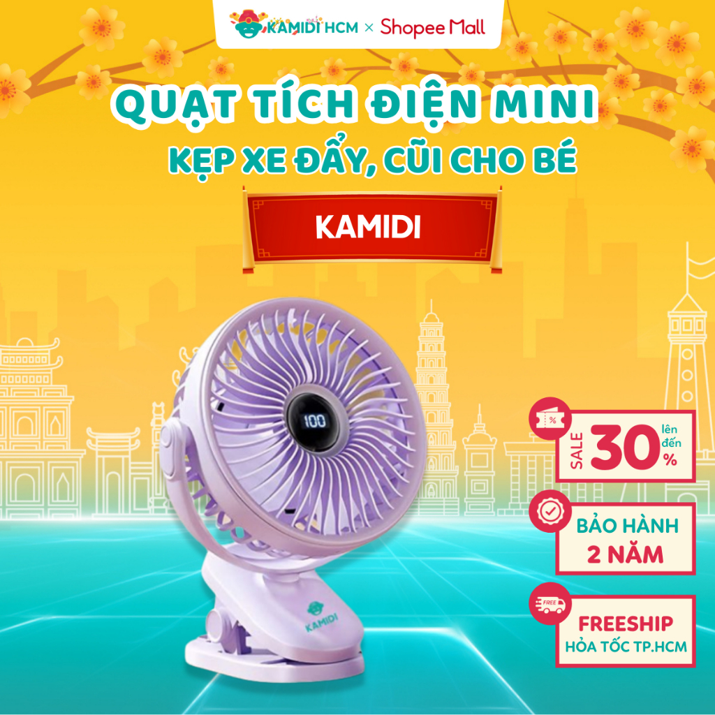 Quạt Tích Điện Mini Kamidi - Quạt Kẹp Xe Đẩy, Quạt Kẹp Nôi Cho Bé