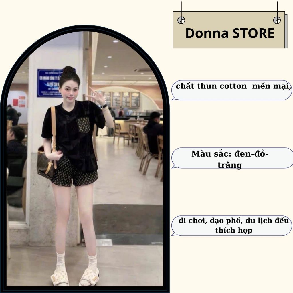 đồ bộ nữ , set đồ nữ áo thun 2 màu phối quần short ngắn màu nâu tây in chữ  hottrend donna hcom25413