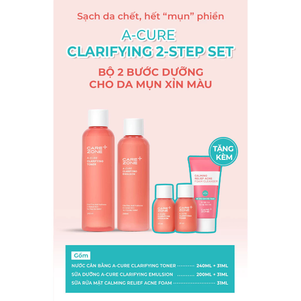 [DATE 11/2026] Bộ 2 bước dưỡng cho da mụn xỉn màu CAREZONE A-Cure Clarifying 2PCS Set