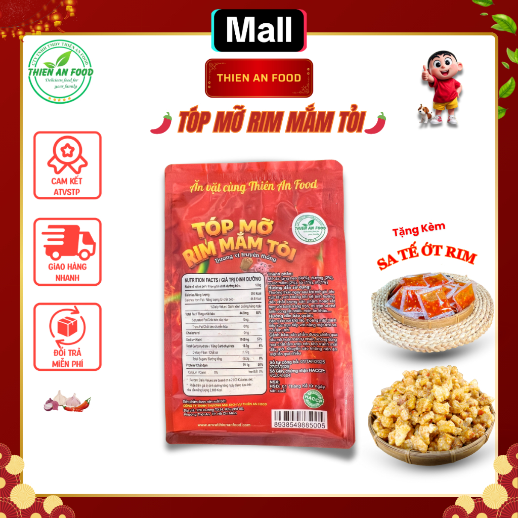 Combo 2 Túi Tóp Mỡ Da Giòn Rim Mắm Tỏi Thiên An Food 200G - Đồ Ăn Vặt Ăn Liền