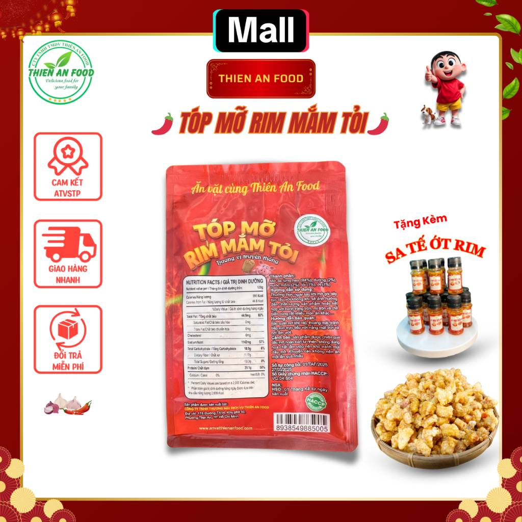 Tóp Mỡ Rim Mắm Tỏi Thiên An Food 500G (Bản Mới)  - Đồ Ăn Vặt Da Heo Siêu Giòn Rụm