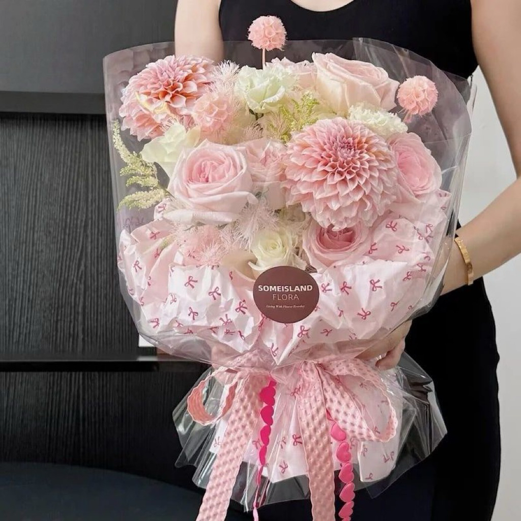 Giấy Gói Quà Tặng Sinh Nhật Khổ Lớn 50*70cm, Họa Tiết Nơ Hồng Phong Cách Hàn, Dùng Gói Hoa, Quà