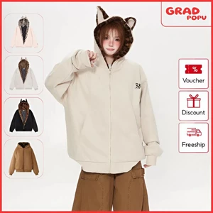 Áo khoác GRADPOPU chất liệu da lộn lót lông cừu in họa tiết da báo có mũ trùm đầu dành cho nữ AK585