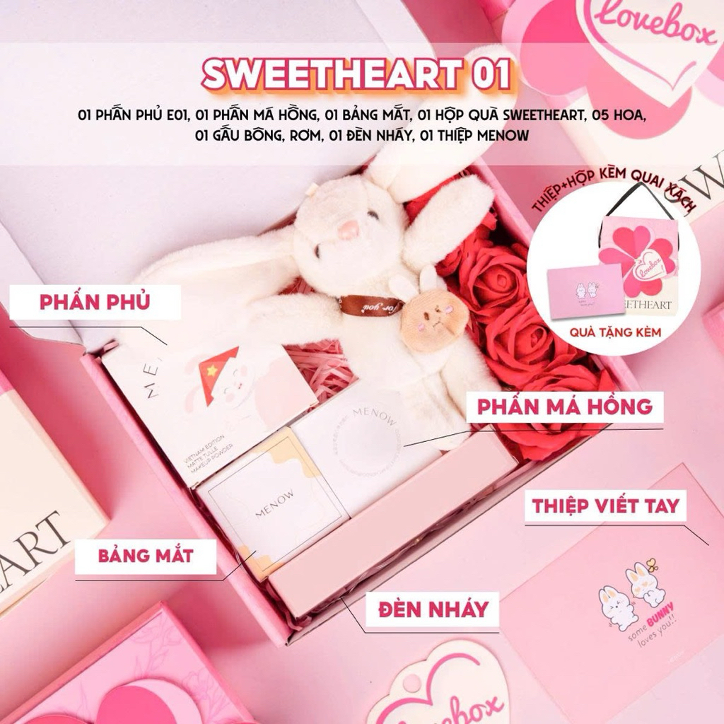 Hộp quà tặng trang điểm sẵn dây xách kèm gấu bông, hoa sáp và đèn MENOW SWEETHEART