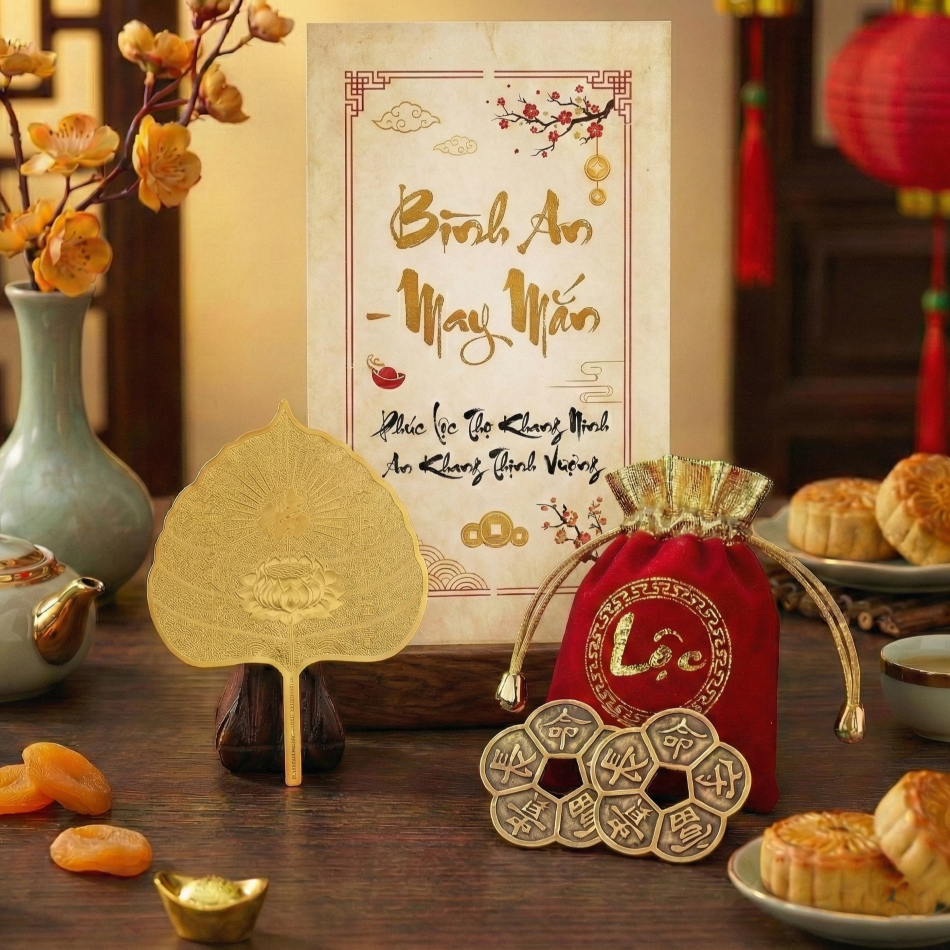 Set Quà Tặng Bình An Lá Bồ Đề Mạ Vàng Và Xu Hoa Mai Phong Thủy, quà tặng lưu niệm cho gia đình và người thân.
