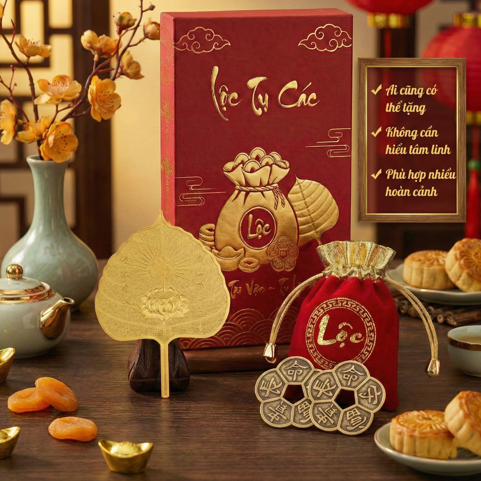Set Quà Tặng Bình An Lá Bồ Đề Mạ Vàng Và Xu Hoa Mai Phong Thủy, quà tặng lưu niệm cho gia đình và người thân.