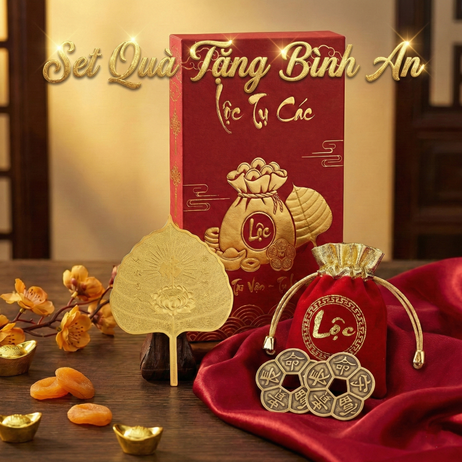 Set Quà Tặng Bình An Lá Bồ Đề Mạ Vàng Và Xu Hoa Mai Phong Thủy, quà tặng lưu niệm cho gia đình và người thân.