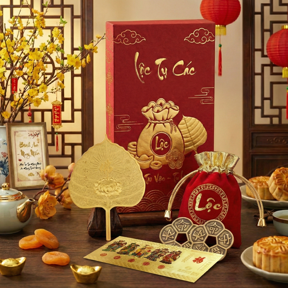 Set Quà Tặng Bình An Lá Bồ Đề Mạ Vàng Và Xu Hoa Mai Phong Thủy, quà tặng lưu niệm cho gia đình và người thân.
