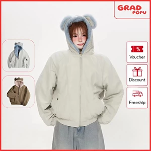 Áo khoác nữ GRADPOPU chất liệu cotton dày dặn lót bông có mũ tai gấu dễ thương và độc đáo AK602