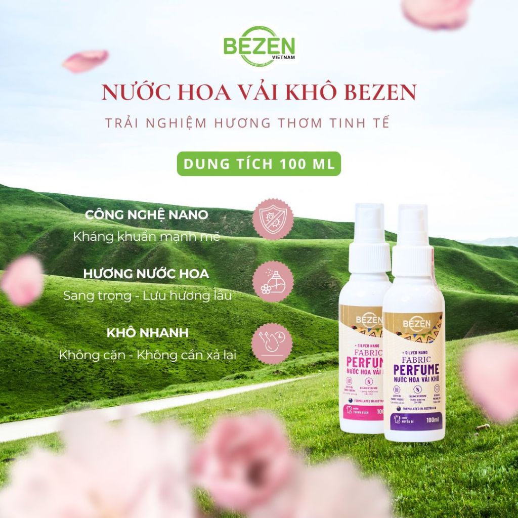 Xịt Thơm Quần Áo Xả Vải Khô Bezen 100ml Tinh Dầu Thơm  Lưu Hương Làm Mềm Vải Khử Mùi Hôi Ẩm Mốc