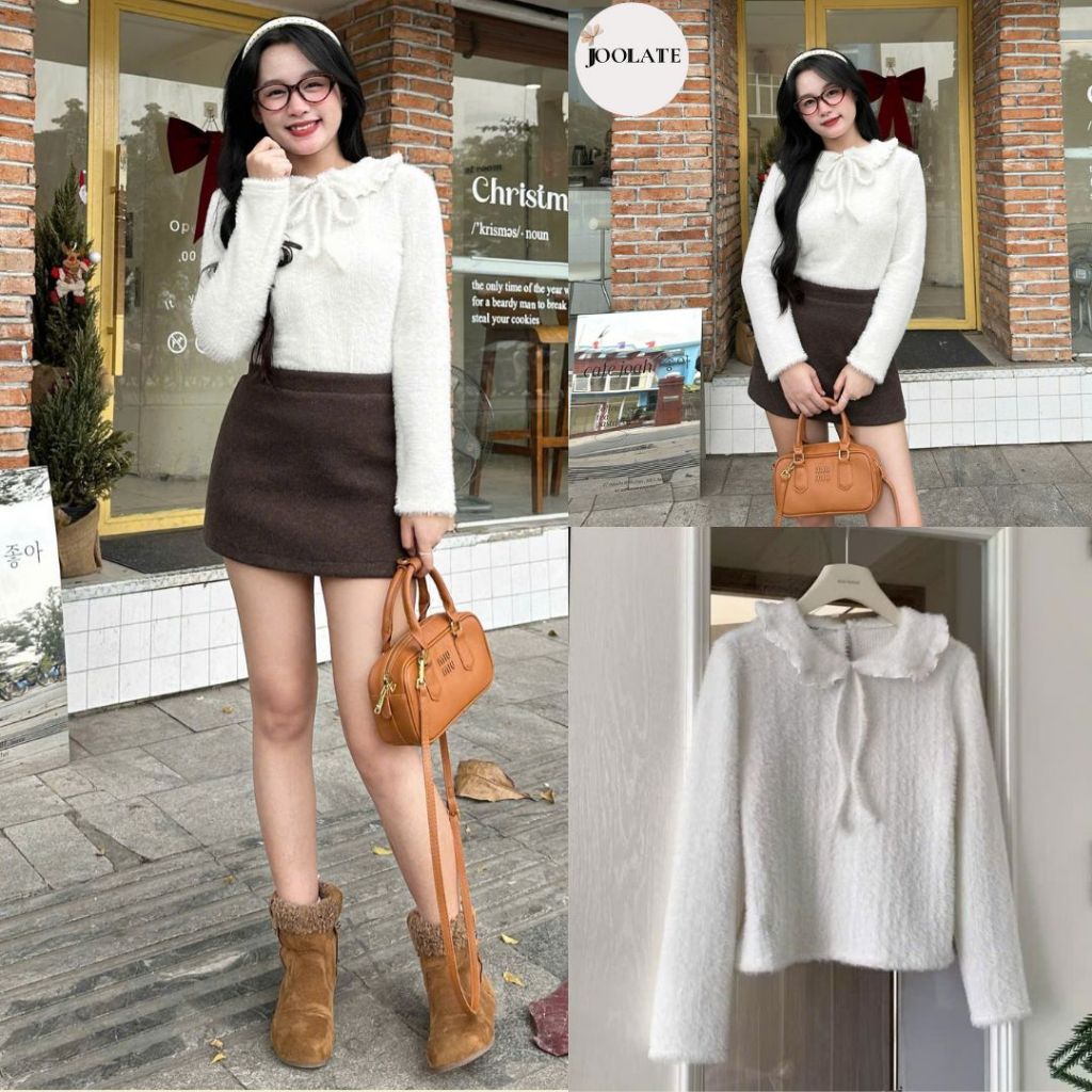 Áo len Lông Mịn Cổ Bèo Nơ Tiểu Thư Màu Trắng Form Xinh Chuẩn Hàn Jooale 1090 P0K23