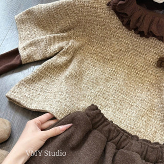 VMY Studio - Set áo giữ nhiệt cổ bèo mix áo dạ đính hoa xinh xắn, set áo dạ mix tay bèo giữ nhiệt QCCC nữ