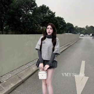 VMY Studio - Set áo giữ nhiệt cổ bèo mix áo dạ đính hoa xinh xắn, set áo dạ mix tay bèo giữ nhiệt QCCC nữ