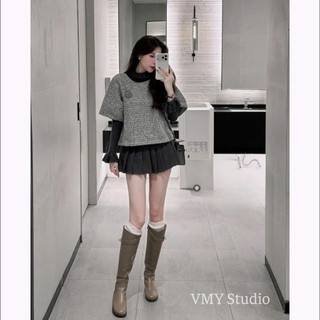 VMY Studio - Set áo giữ nhiệt cổ bèo mix áo dạ đính hoa xinh xắn, set áo dạ mix tay bèo giữ nhiệt QCCC nữ