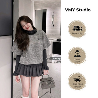 VMY Studio - Set áo giữ nhiệt cổ bèo mix áo dạ đính hoa xinh xắn, set áo dạ mix tay bèo giữ nhiệt QCCC nữ