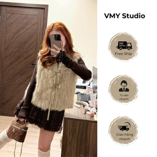 VMY Studio - Áo gile lông thỏ mix nơ siêu ấm nữ QCCC, áo len gile lông thỏ hai màu mix nơ trẻ trung nữ