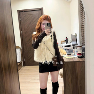 VMY Studio - Áo gile lông thỏ mix nơ siêu ấm nữ QCCC, áo len gile lông thỏ hai màu mix nơ trẻ trung nữ