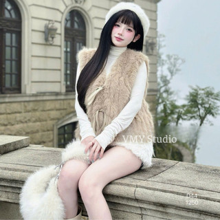VMY Studio - Áo gile lông thỏ mix nơ siêu ấm nữ QCCC, áo len gile lông thỏ hai màu mix nơ trẻ trung nữ