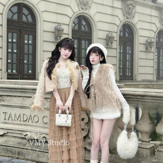 VMY Studio - Áo gile lông thỏ mix nơ siêu ấm nữ QCCC, áo len gile lông thỏ hai màu mix nơ trẻ trung nữ