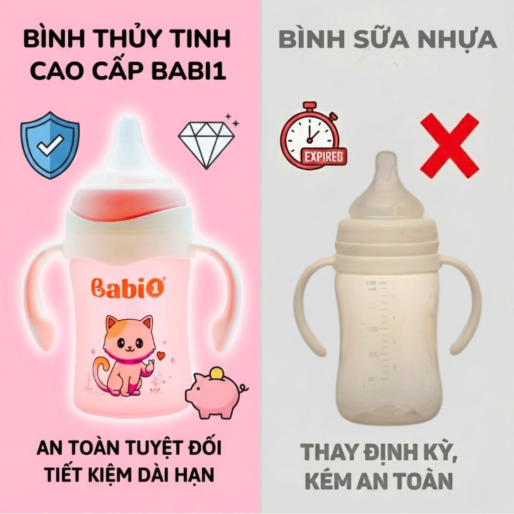 Bình Sữa Thủy Tinh Babi1 180ml Cảm Biến Nhiệt, Chống Sặc, Cổ Rộng Có Tay Cầm 360° Cho Bé