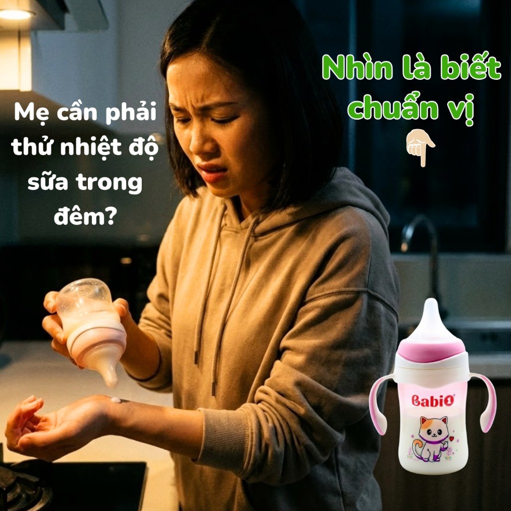 Bình Sữa Thủy Tinh Babi1 180ml Cảm Biến Nhiệt, Chống Sặc, Cổ Rộng Có Tay Cầm 360° Cho Bé