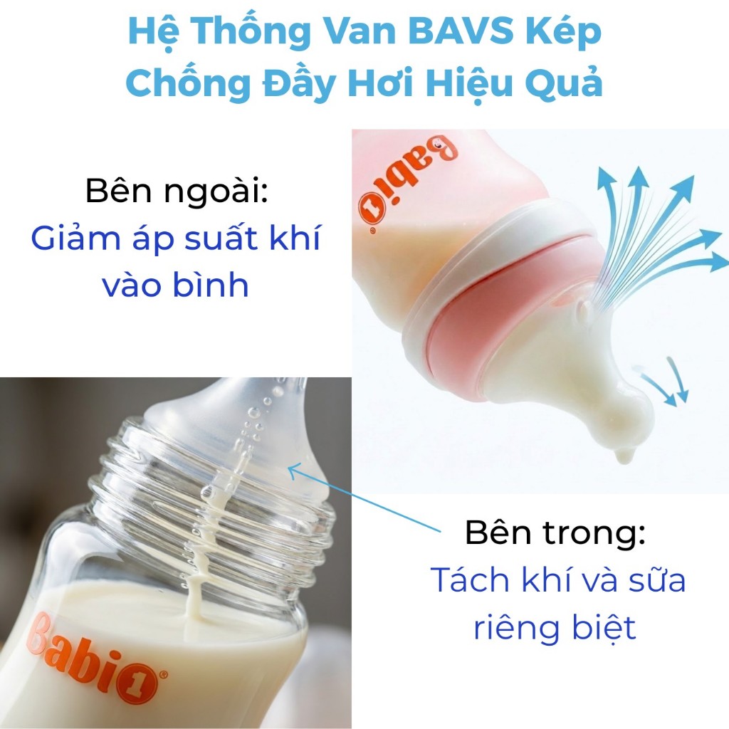 Bình Sữa Thủy Tinh Babi1 180ml Cảm Biến Nhiệt, Chống Sặc, Cổ Rộng Có Tay Cầm 360° Cho Bé