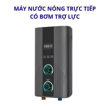 Máy nước nóng trực tiếp có bơm trợ lực 2 núm xoay màu xám, bình nóng lạnh trực tiếp, máy nước nóng có vòi sen