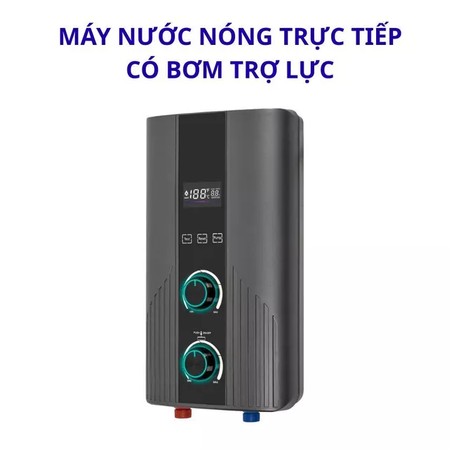 Máy nước nóng trực tiếp có bơm trợ lực 2 núm xoay màu xám, bình nóng lạnh trực tiếp, máy nước nóng có vòi sen