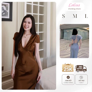 Váy đầm lụa dáng dài cổ V tay dơi hở lưng cao cấp LOKOSA Váy đầm lụa hở lưng lụa dáng dài cổ V tay dơi Sang Chảnh VD005