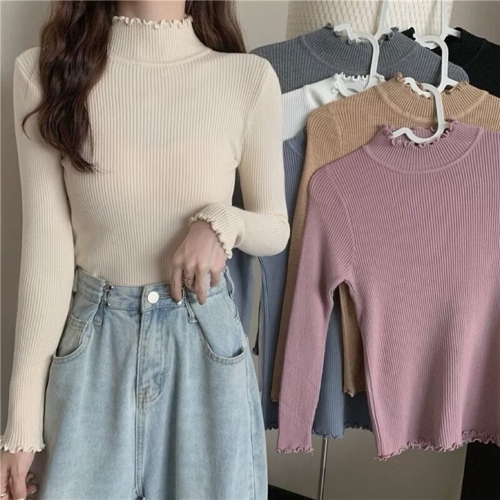 Áo Len Gân Nữ Cổ Lọ Viền Bèo Tay Dài – Áo Ôm Body Mềm Mịn, Dễ Phối Đồ