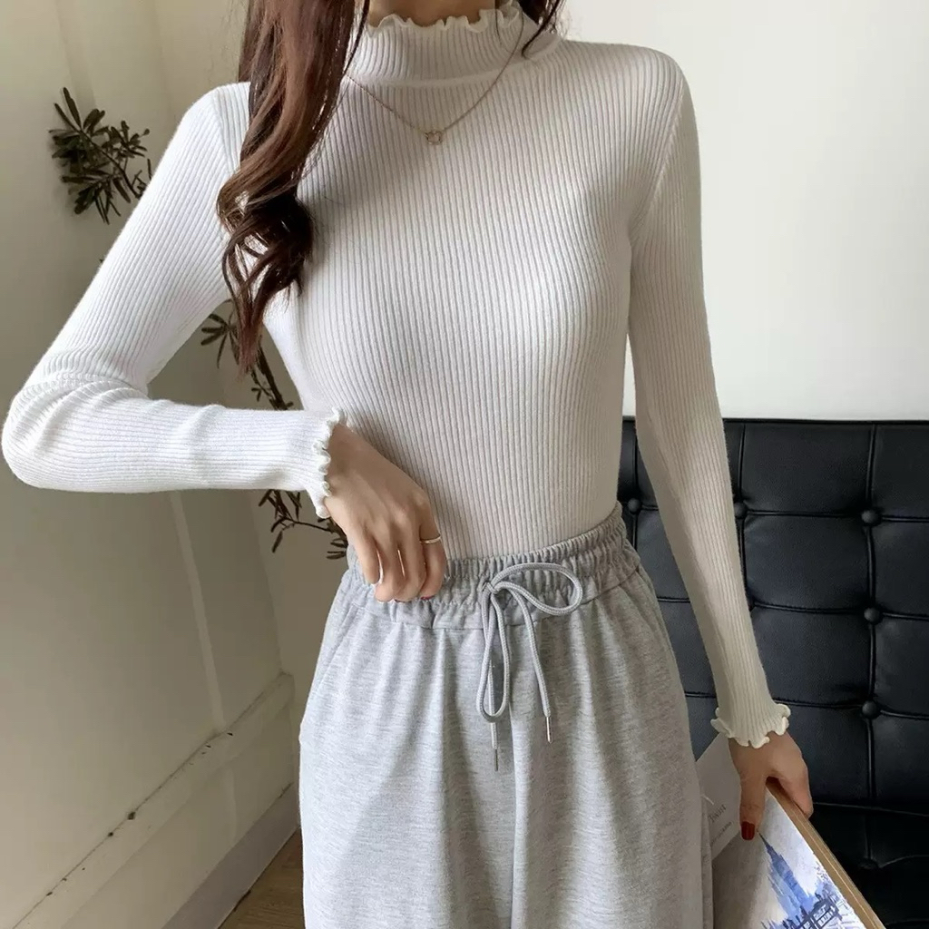 Áo Len Gân Nữ Cổ Lọ Viền Bèo Tay Dài – Áo Ôm Body Mềm Mịn, Dễ Phối Đồ