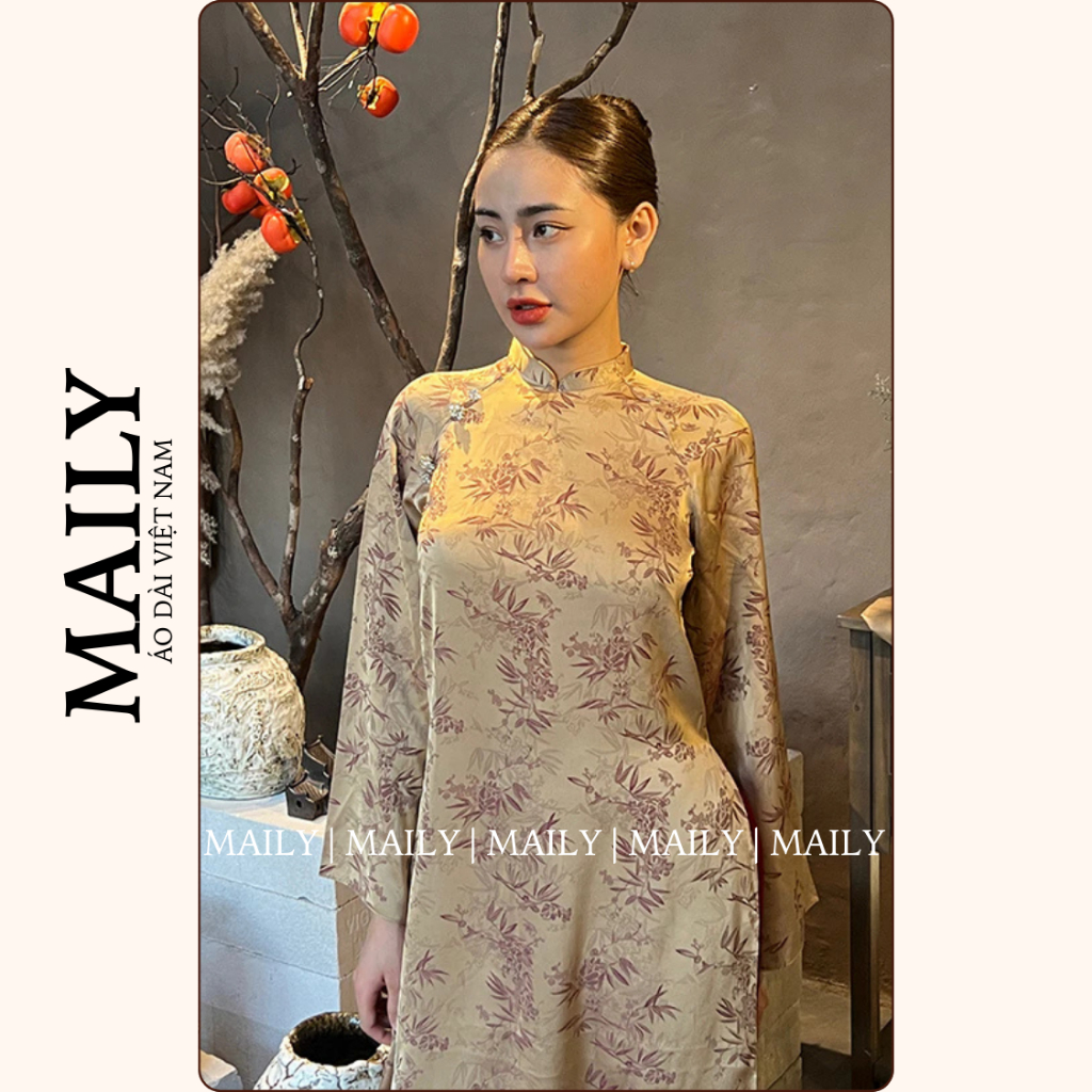 Áo Dài Giai Ý Dáng Cách Tân, Chất Gấm Thiết Kế Cổ Cao Tay Dài Loe Họa Tiết Cây Trúc Có Bigsize - ÁO DÀI MAILY