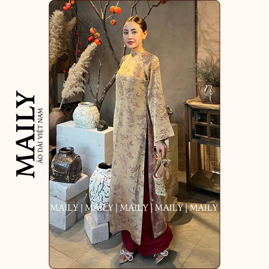Áo Dài Giai Ý Dáng Cách Tân, Chất Gấm Thiết Kế Cổ Cao Tay Dài Loe Họa Tiết Cây Trúc Có Bigsize - ÁO DÀI MAILY