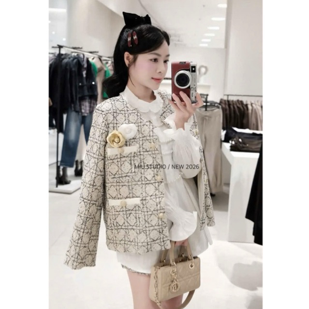 SET Áo khoác dạ tweed hoạ tiết kẻ đính khuy đồng(Tặng tag hoa) mix quần sooc ngắn-hàng cao cấp style tiểu thư sang chảnh