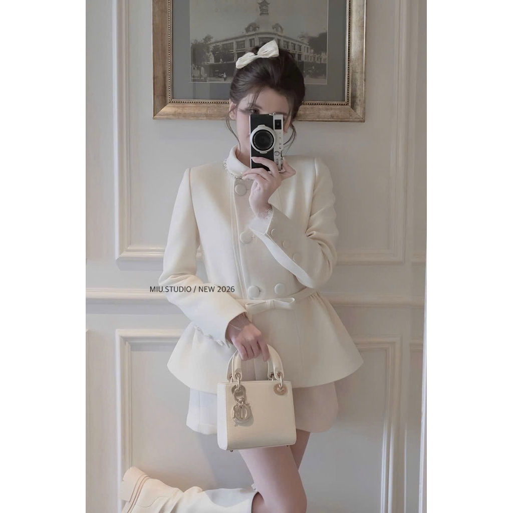 MIU.STUDIO •(Mở Bán) Set áo dạ tweed peplum trắng kem phối cổ đá đính khuy bẹt kèm quần sooc ngắn phong cách tiểu thư HQ