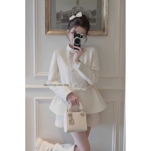 MIU.STUDIO •(Mở Bán) Set áo dạ tweed peplum trắng kem phối cổ đá đính khuy bẹt kèm quần sooc ngắn phong cách tiểu thư HQ