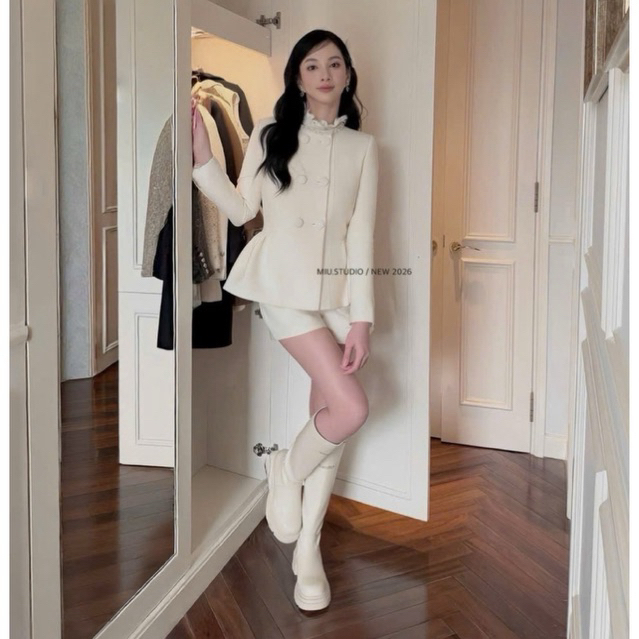 MIU.STUDIO •(Mở Bán) Set áo dạ tweed peplum trắng kem phối cổ đá đính khuy bẹt kèm quần sooc ngắn phong cách tiểu thư HQ