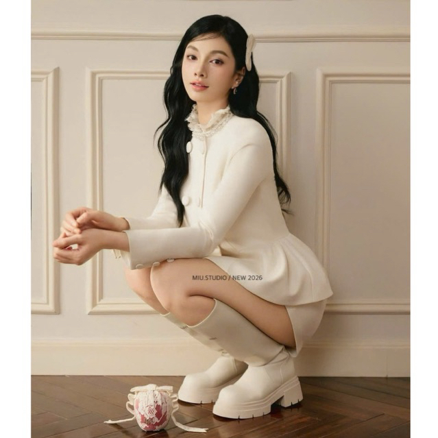 MIU.STUDIO •(Mở Bán) Set áo dạ tweed peplum trắng kem phối cổ đá đính khuy bẹt kèm quần sooc ngắn phong cách tiểu thư HQ