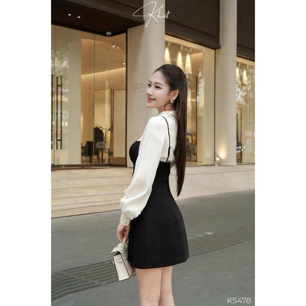Set áo blouse tơ kem phối váy 2 dây đen Khiết, phong cách thanh lịch KS478