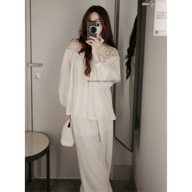 Set áo tơ tay bồng phối cổ ren cao cấp kèm quần suông dài style đơn giản Hàn quốc, thiết kế cao cấp - 1 màu trắng (sẵn)