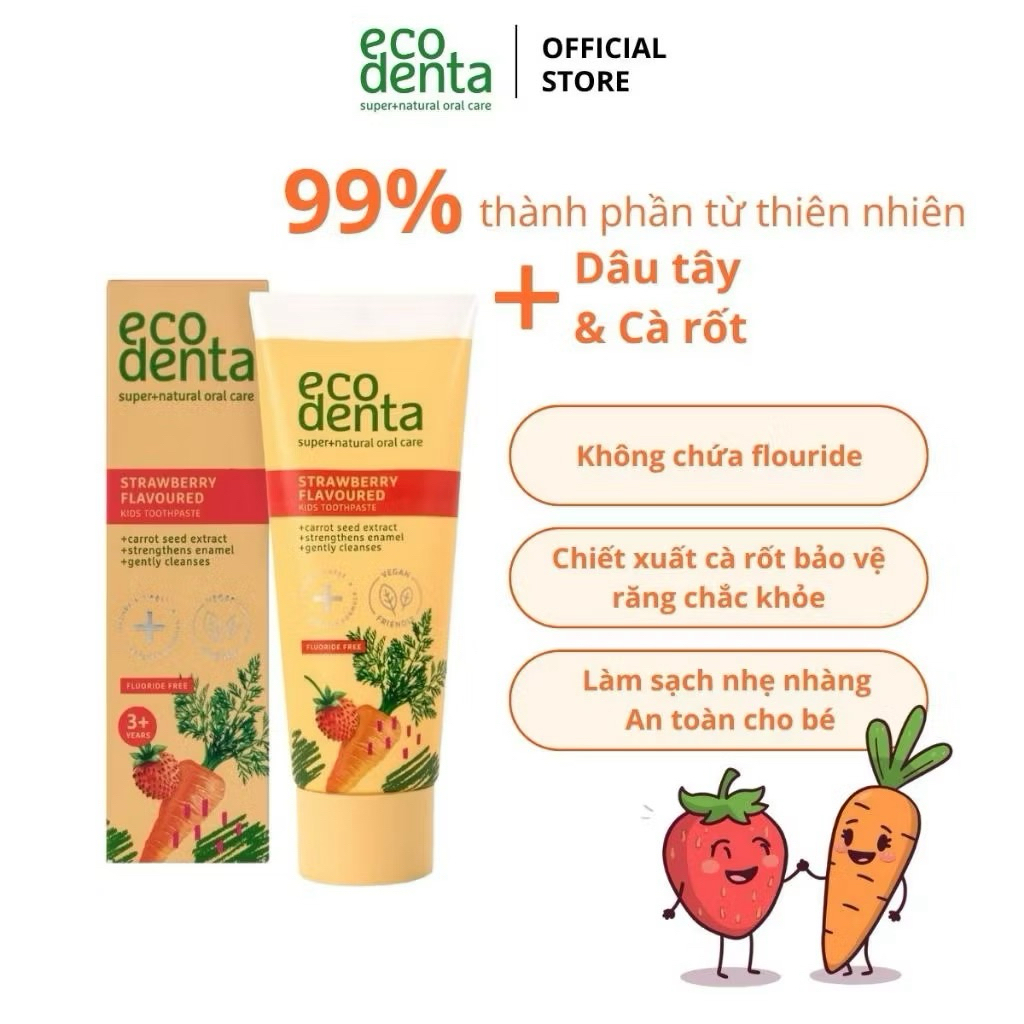 Kem đánh răng trẻ em Ecodenta dâu tây và cà rốt 75ml 🍓🥕 99% thành phần tự nhiên, không flouride