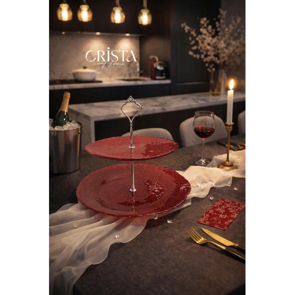 Bộ Đĩa Thủy Tinh 2 Tầng Vân Lưới Crista Home 28cm + 22.5cm | Đĩa Bánh, Trái Cây, Bàn Tiệc Cao Cấp Hàng Chính Hãng