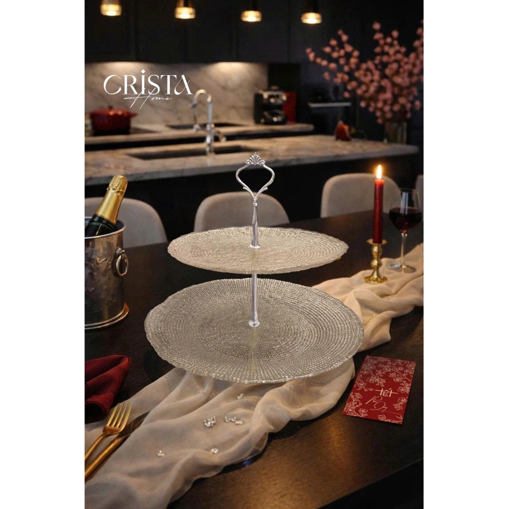 Bộ Đĩa Thủy Tinh 2 Tầng Vân Lưới Crista Home 28cm + 22.5cm | Đĩa Bánh, Trái Cây, Bàn Tiệc Cao Cấp Hàng Chính Hãng