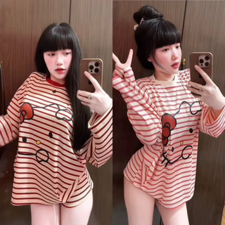 Bộ ngủ 2 món áo thun sọc tay dài in helokitty kèm quần ngắn sọc cute