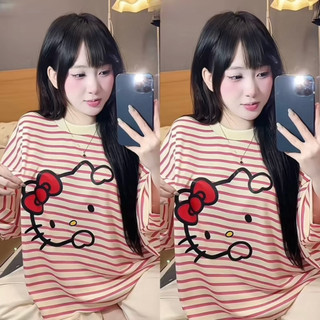 Bộ ngủ 2 món áo thun sọc tay dài in helokitty kèm quần ngắn sọc cute