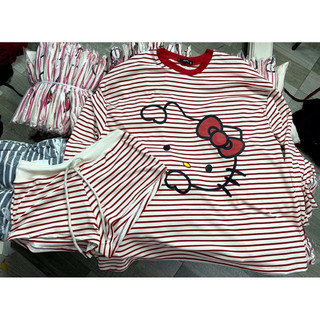 Bộ ngủ 2 món áo thun sọc tay dài in helokitty kèm quần ngắn sọc cute