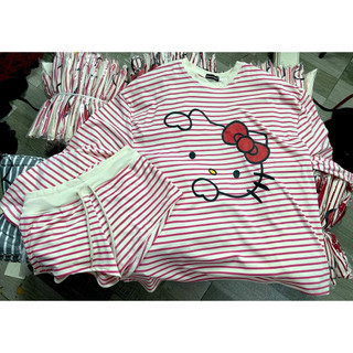 Bộ ngủ 2 món áo thun sọc tay dài in helokitty kèm quần ngắn sọc cute