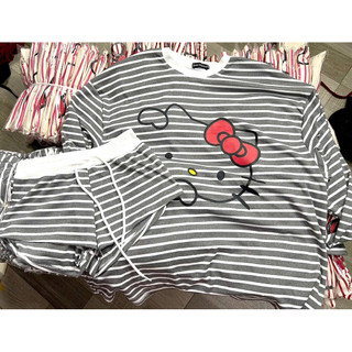 Bộ ngủ 2 món áo thun sọc tay dài in helokitty kèm quần ngắn sọc cute