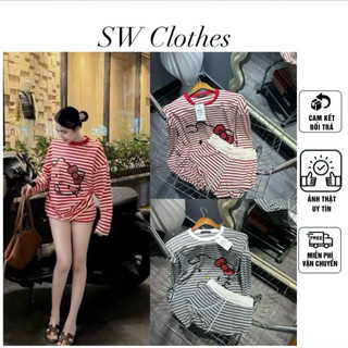 Bộ ngủ 2 món áo thun sọc tay dài in helokitty kèm quần ngắn sọc cute