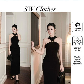 Đầm body thun ladong mịn thiết kế xoắn yếm cổ đính cham xuông dài sang chảnh